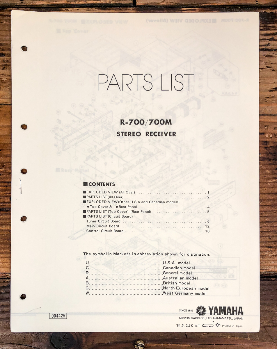 Yamaha R-700 R-700M Receiver Parts List Manual *Original*