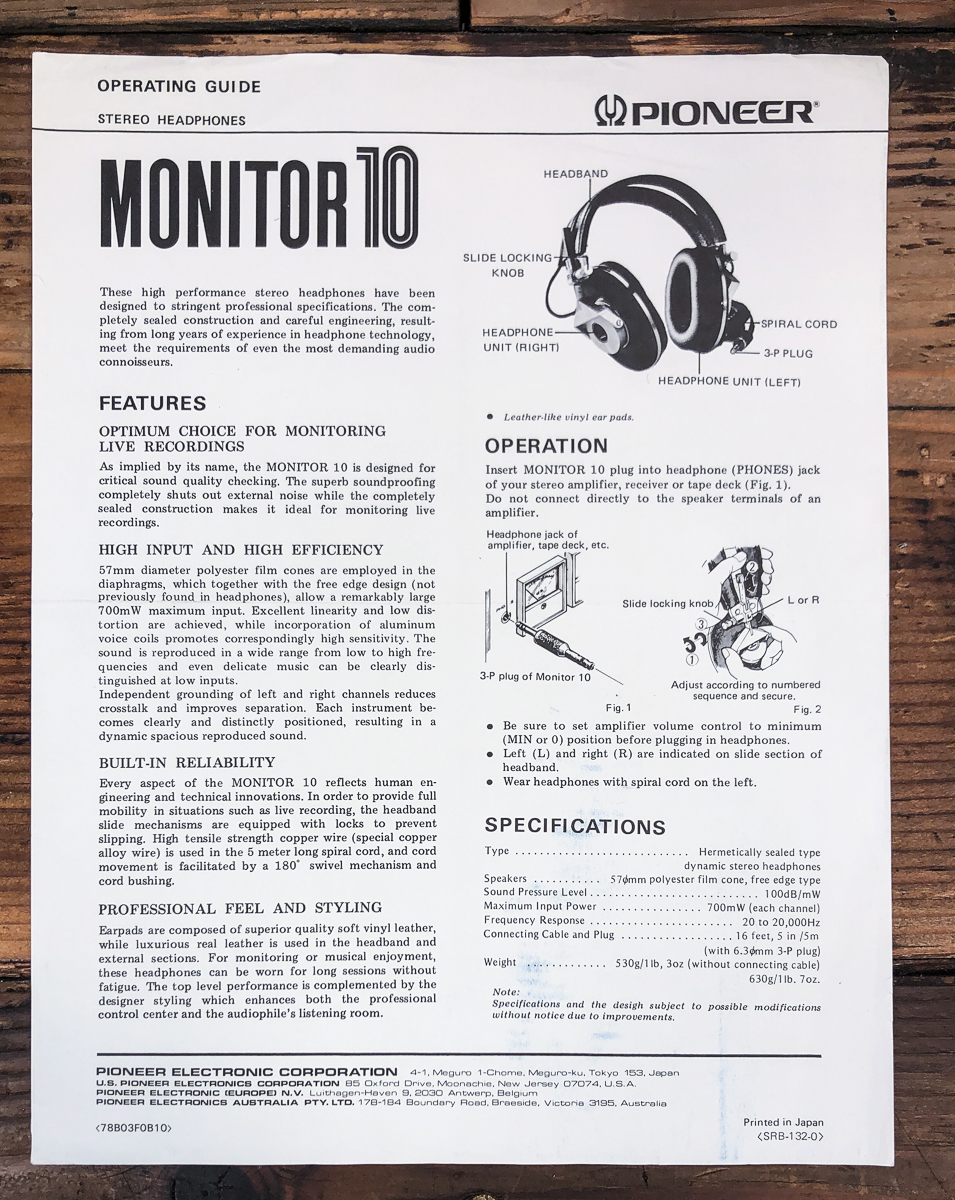 Pioneer Monitor 10 Headphones Owners / User Manual *Original*