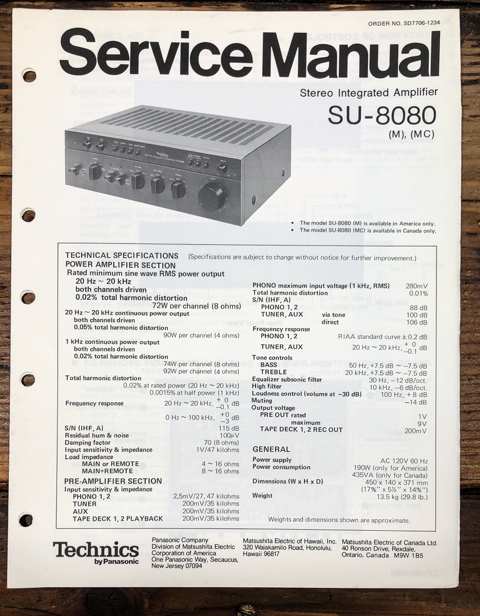 Technics SU-8080 Amplifier Service Manual *Original*
