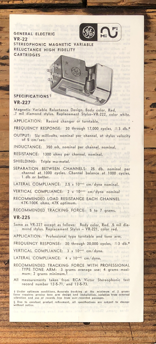 General Electric GE VR-22 Phono Cartridge Owners / User Manual *Original*