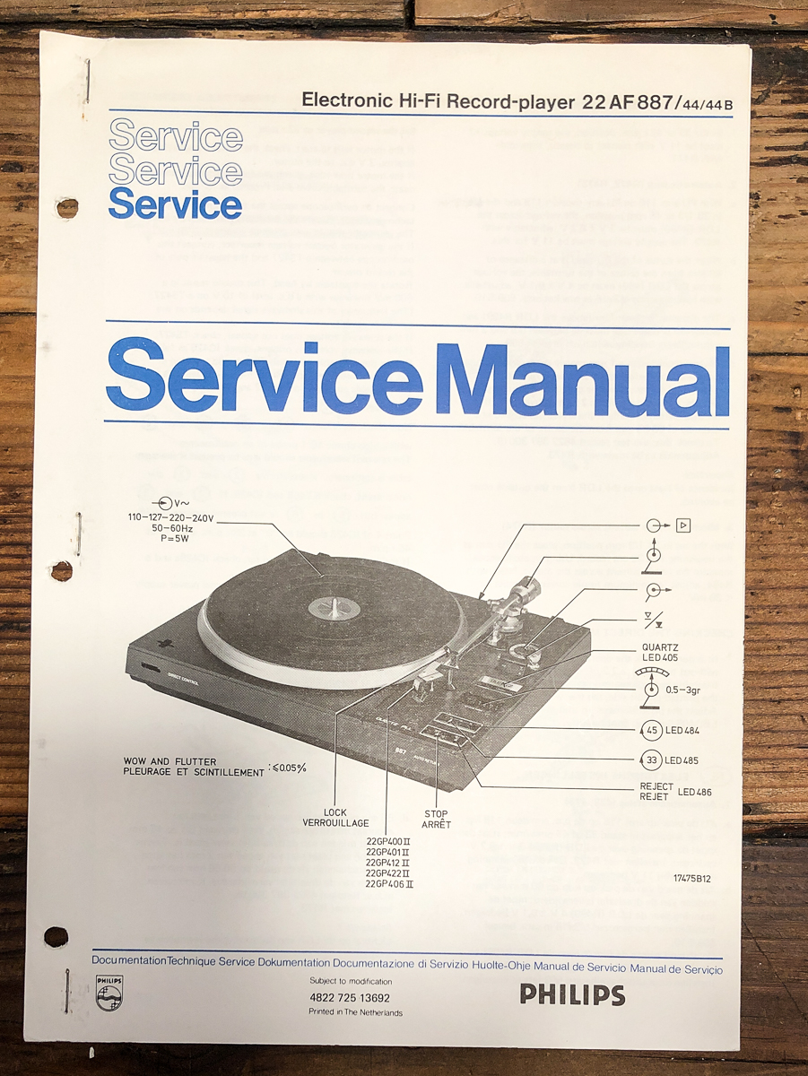 Philips AF-887 Record Player / Turntable Service Manual *Original*